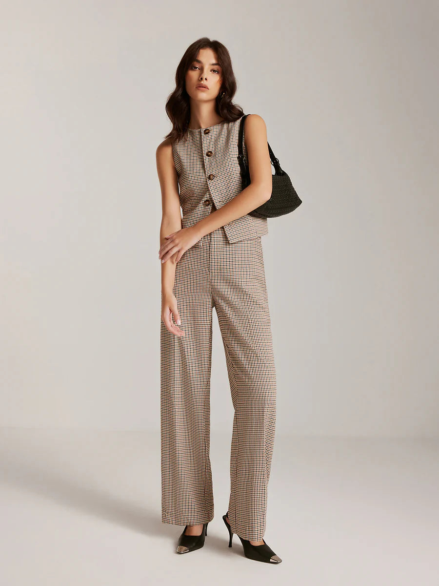 Elegant Plaid Button Vest Pant Set