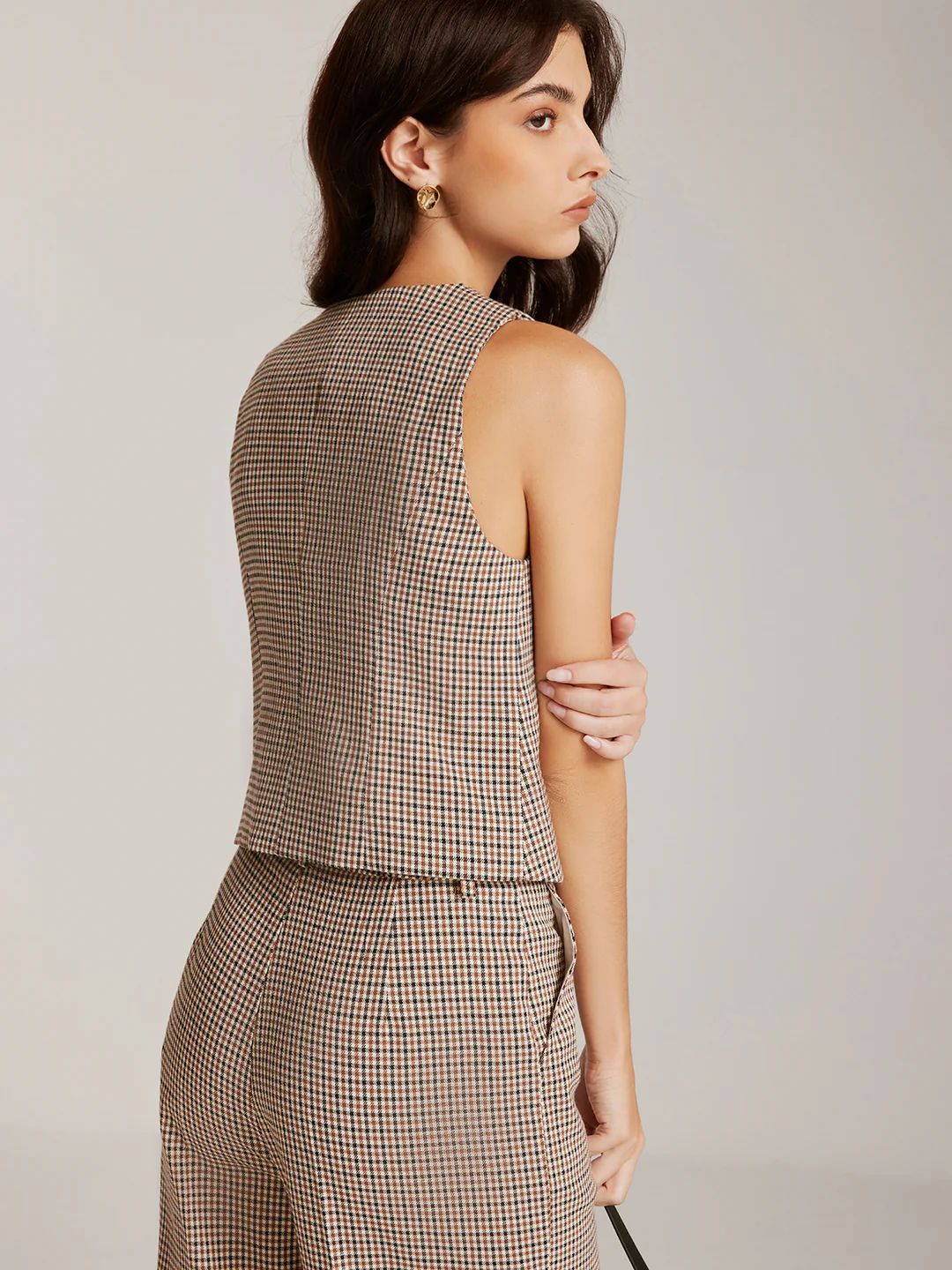 Elegant Plaid Button Vest Pant Set