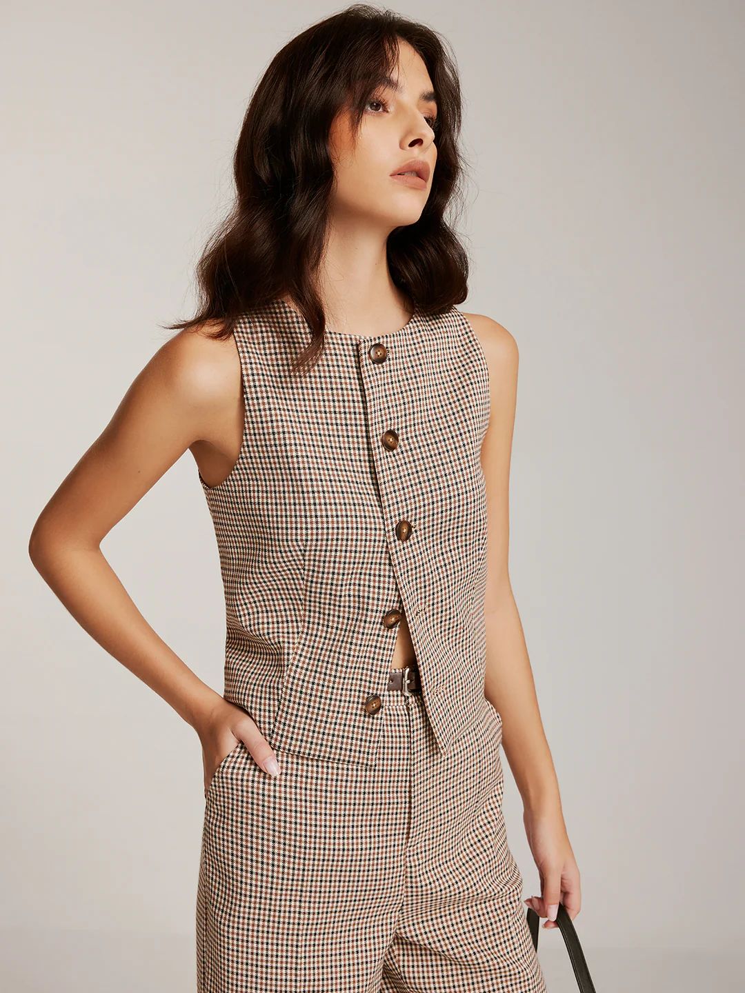 Elegant Plaid Button Vest Pant Set