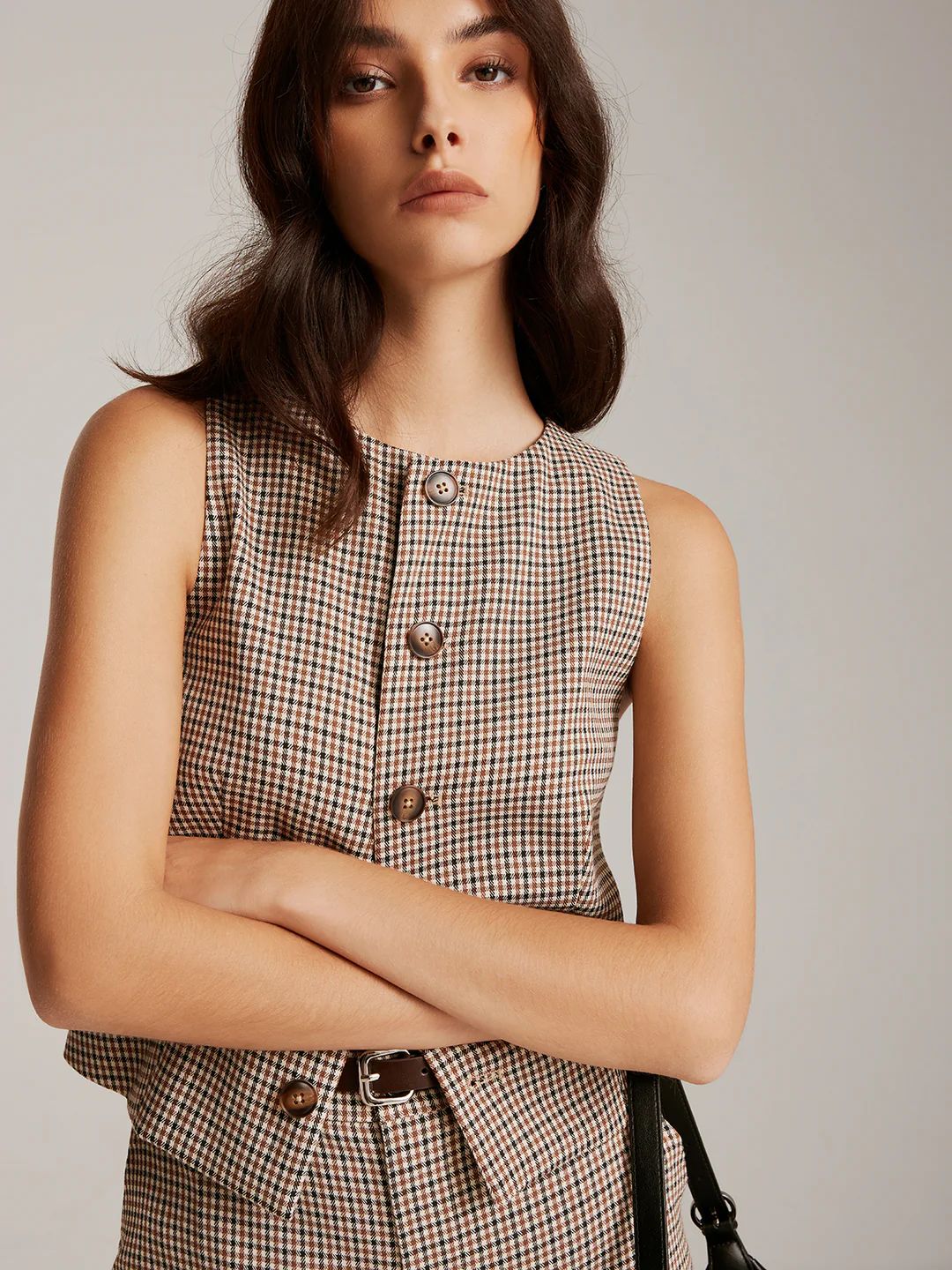 Elegant Plaid Button Vest Pant Set