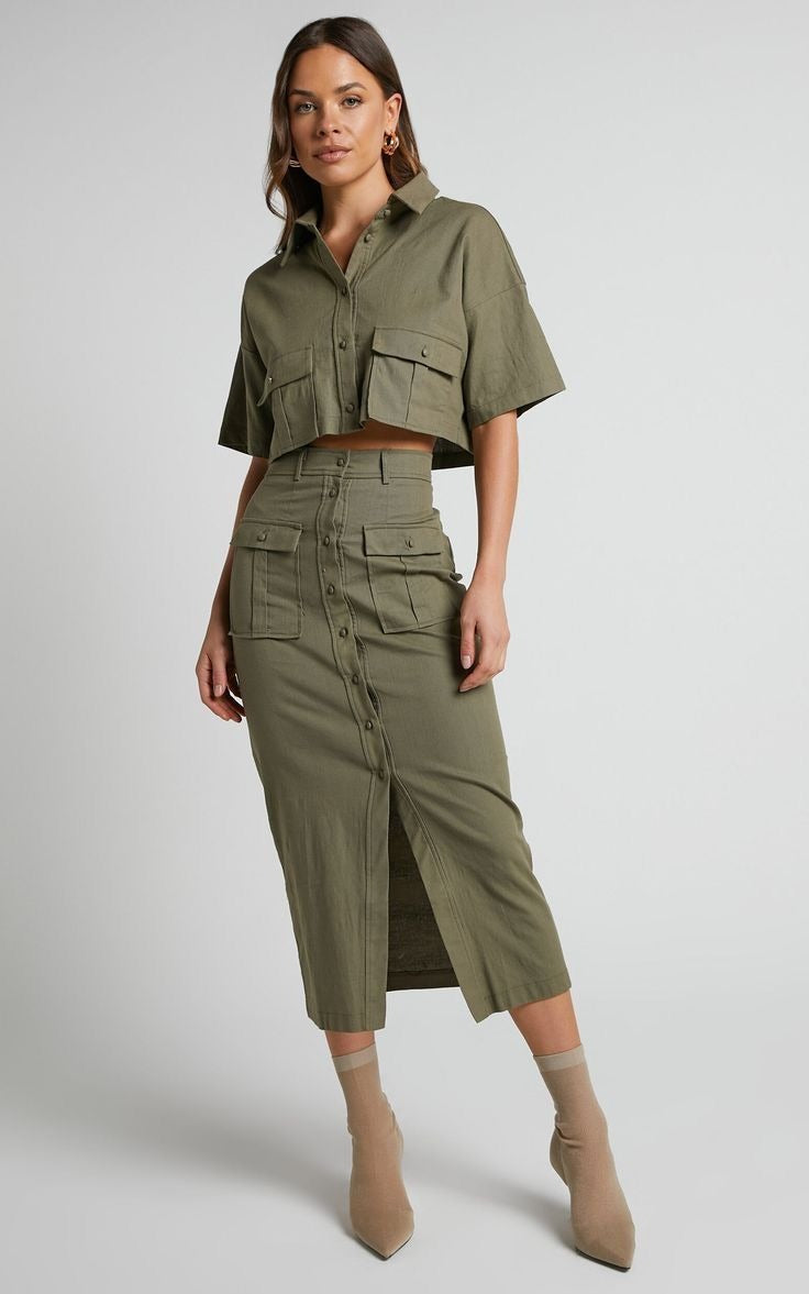 Davina 2 Piece Button Crop & Midi Skirt