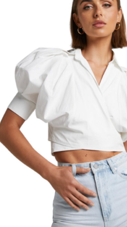 Puff Sleeve Crop Wrap Shirt