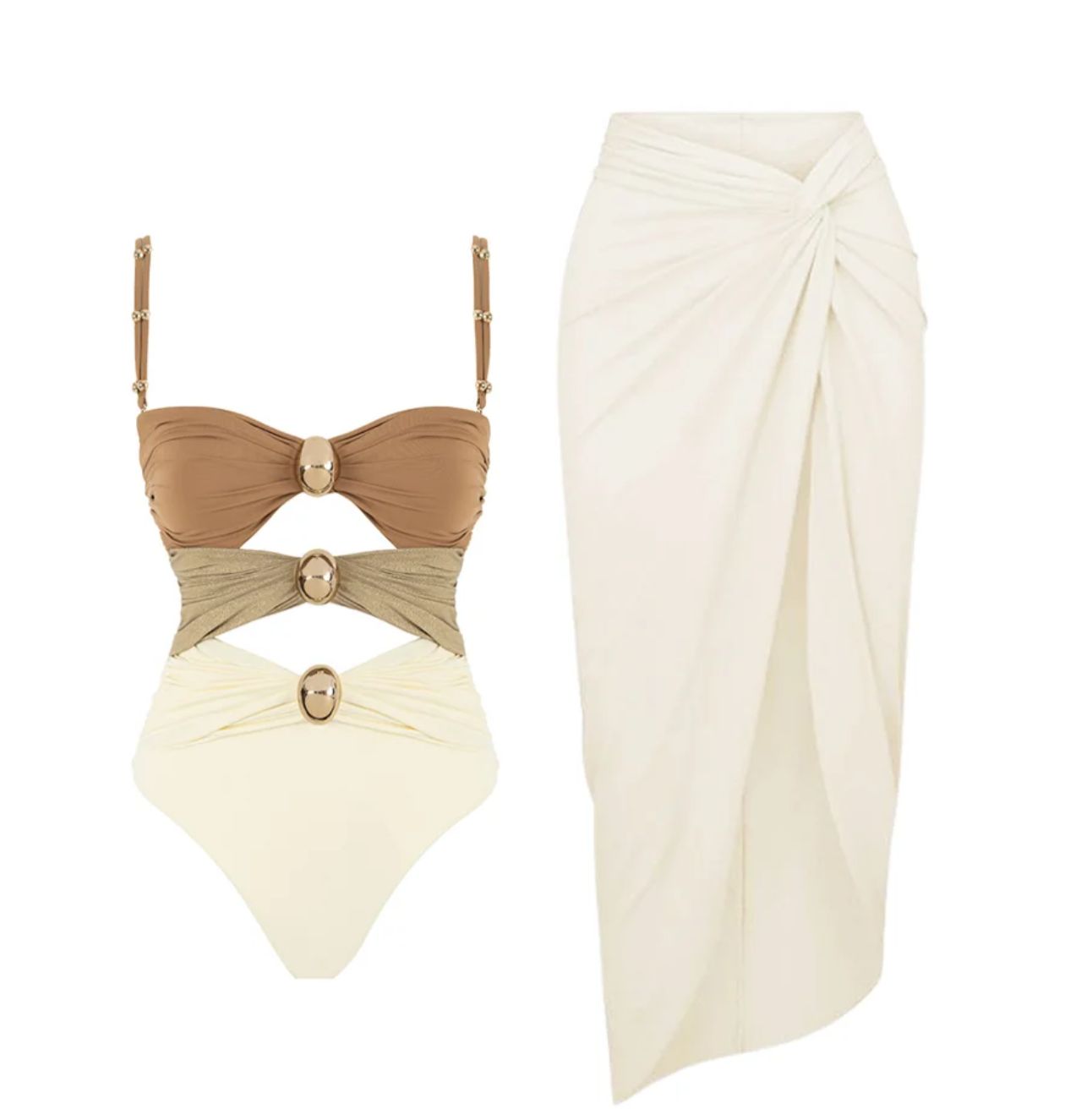Colorblock Cutout One Piece Swinsuit and Sarong