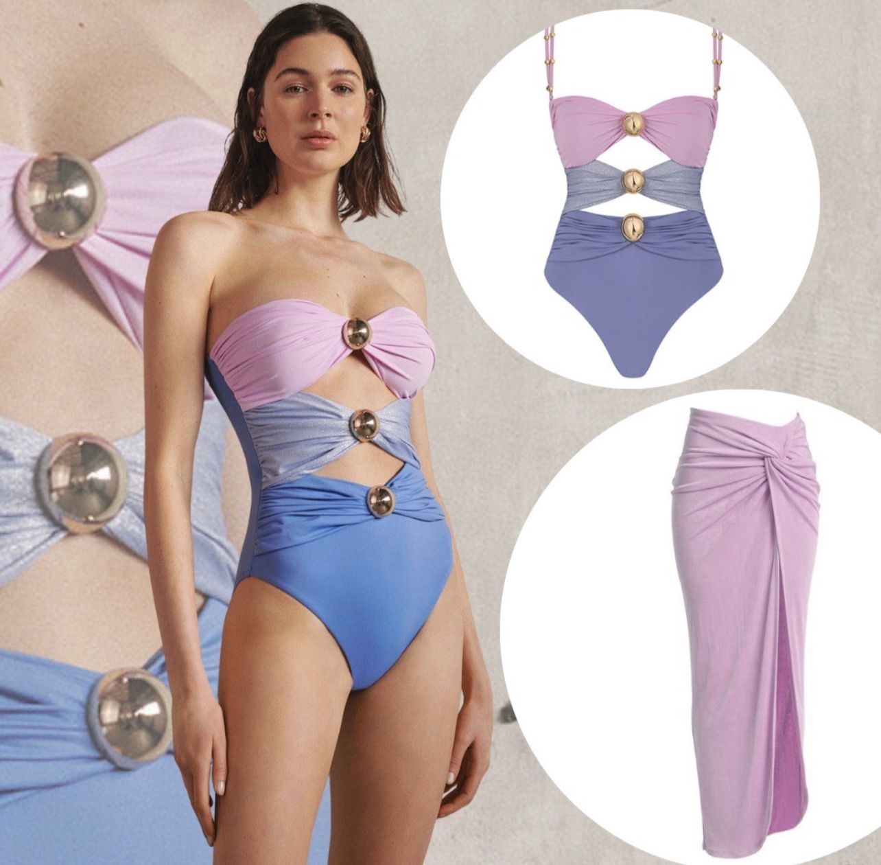 Colorblock Cutout One Piece Swinsuit and Sarong