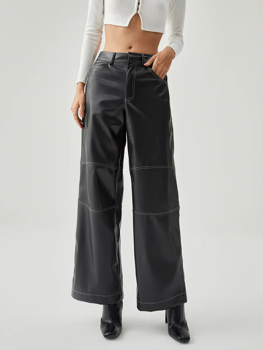 Contrast Stitch Leather Wide Leg Pants