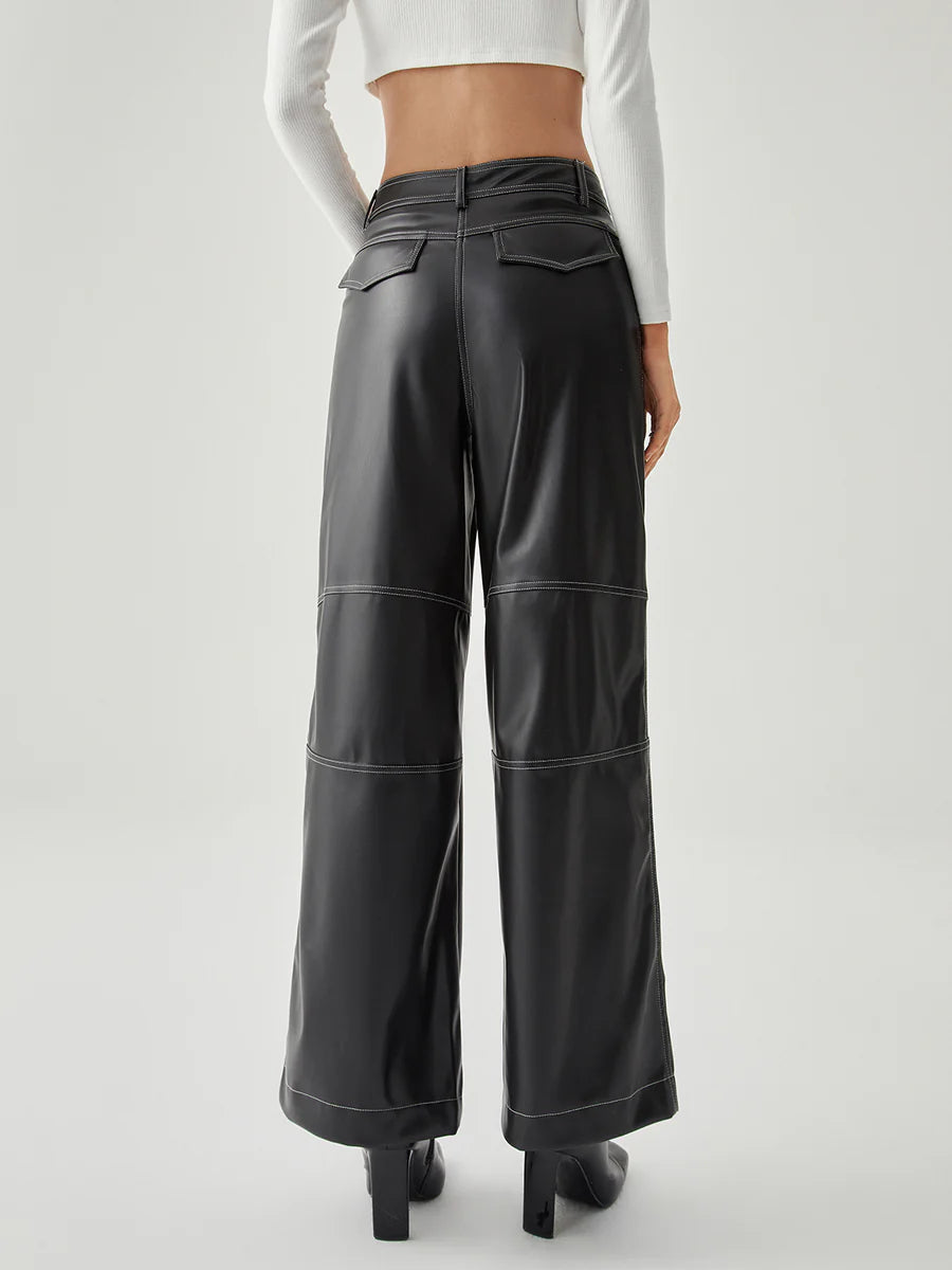 Contrast Stitch Leather Wide Leg Pants