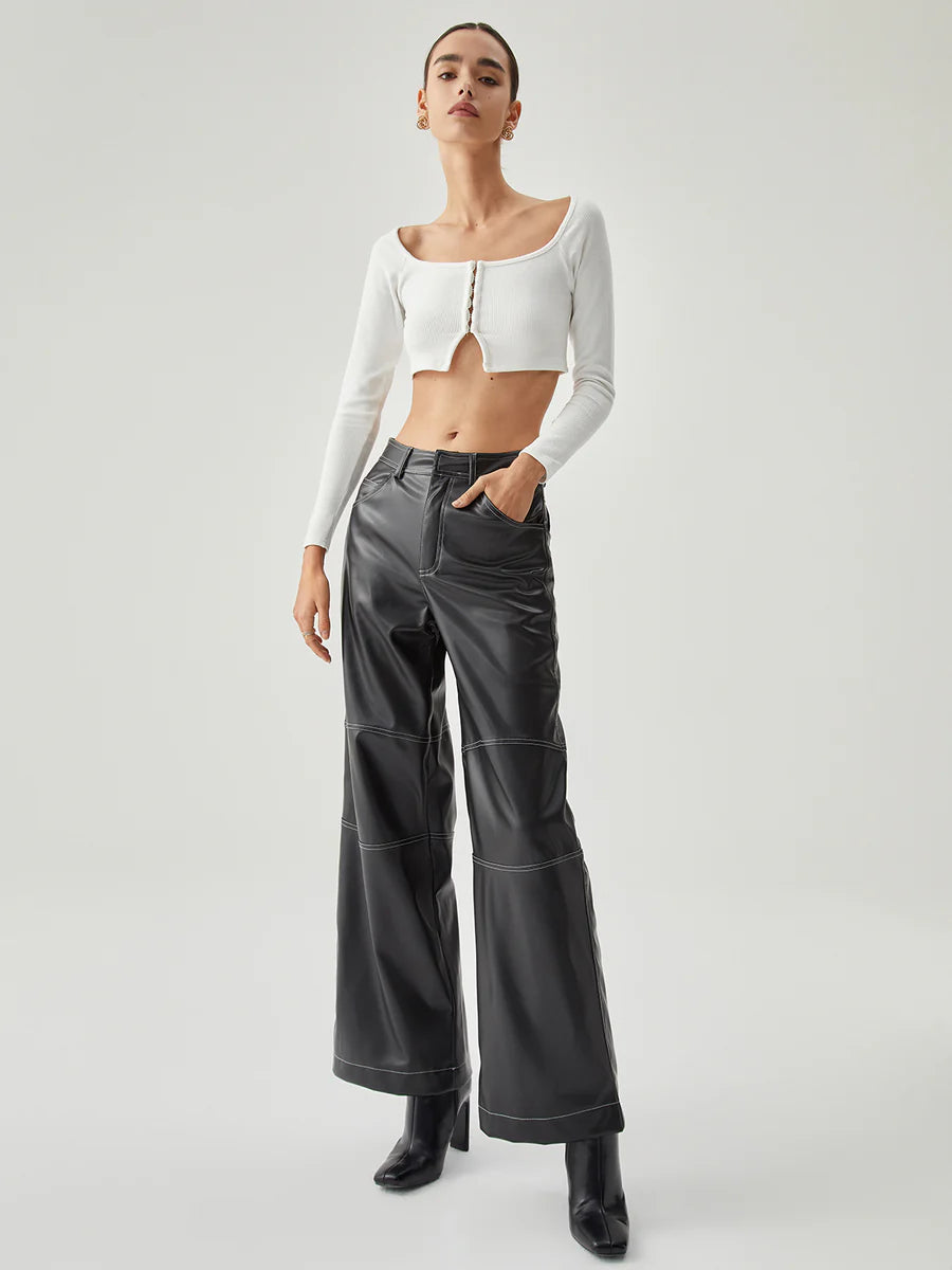 Contrast Stitch Leather Wide Leg Pants