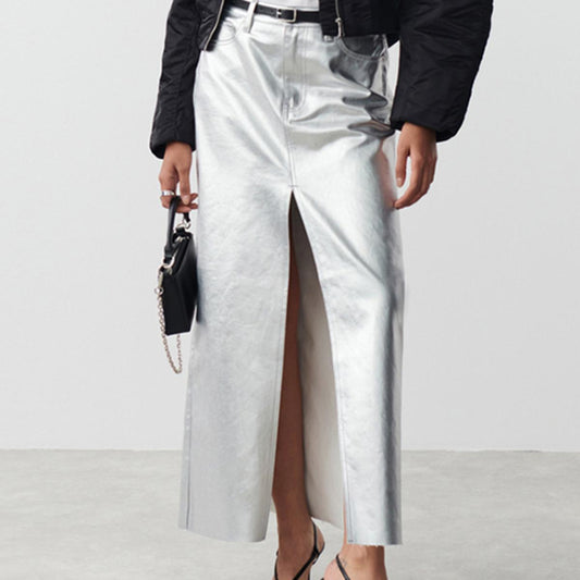 Metallic Faux Leather Maxi Skirt