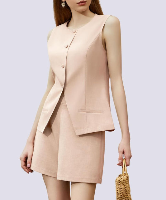 Round Neck Button Down High Waisted Pant Set