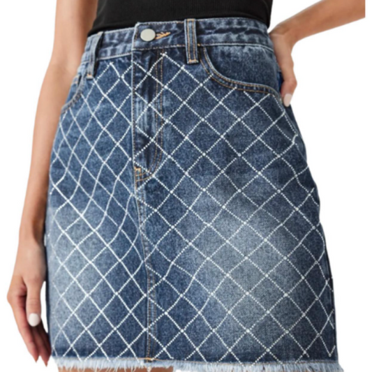 Denim Rhinestone Raw Hem Mini Skirt