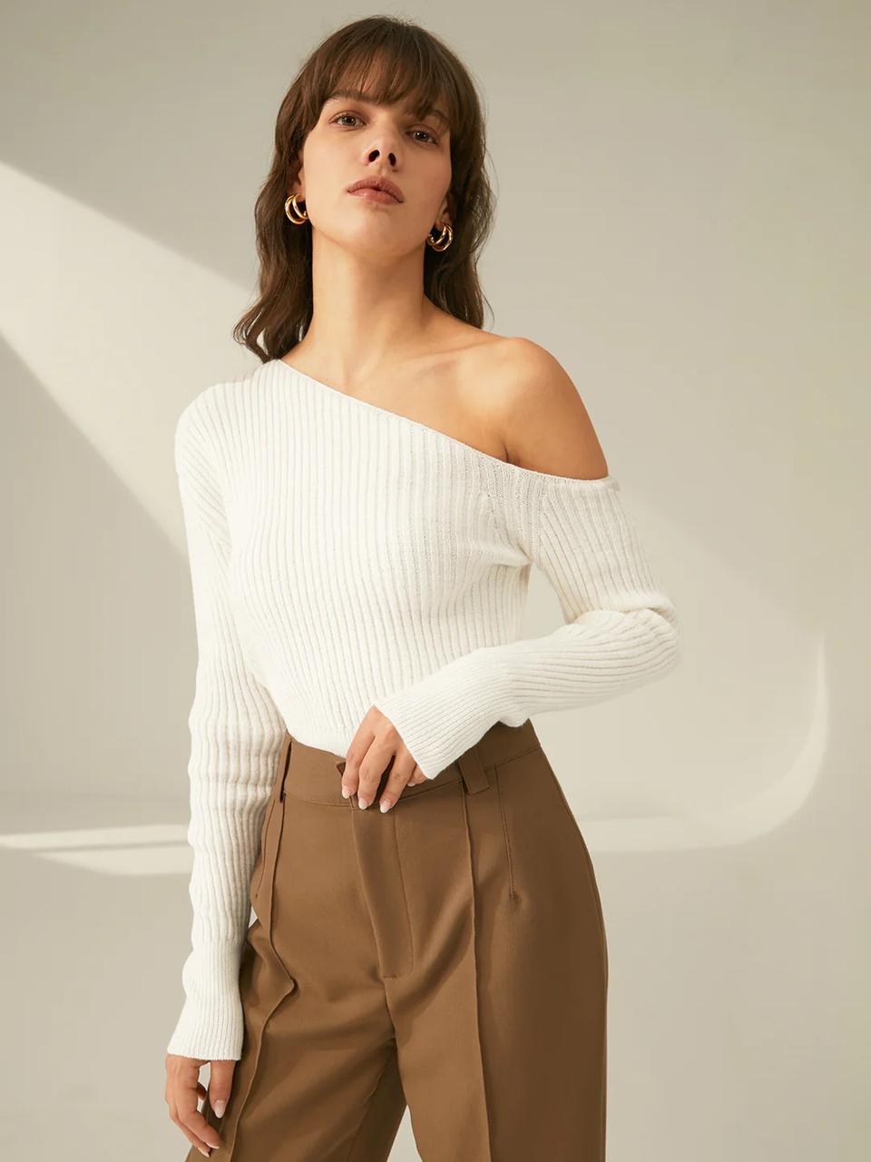 One Shoulder Ribbed Pullover Sweater