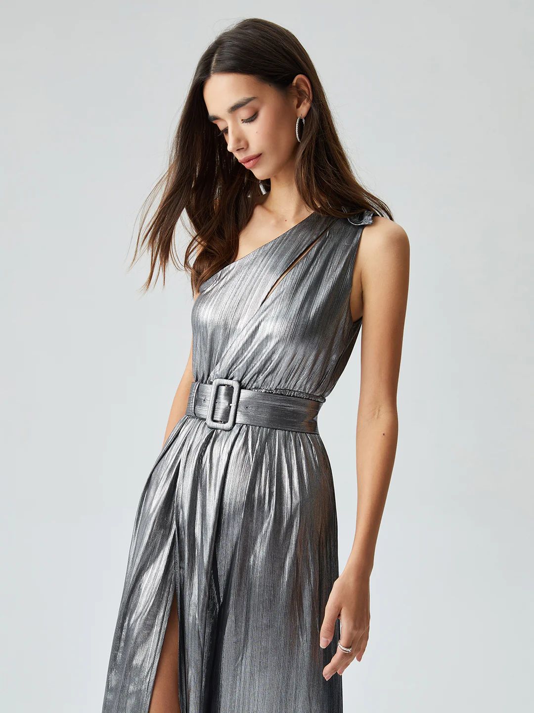 Silver Asymmetric Off Shoulder Pleated Slit Midi Dress