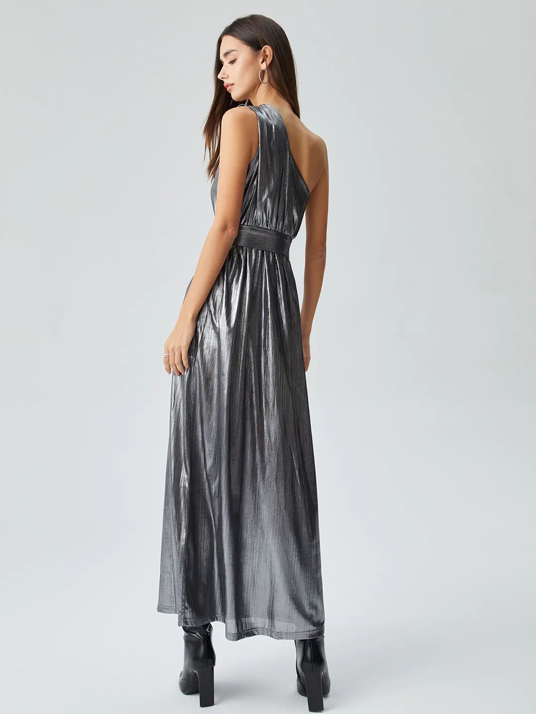 Silver Asymmetric Off Shoulder Pleated Slit Midi Dress