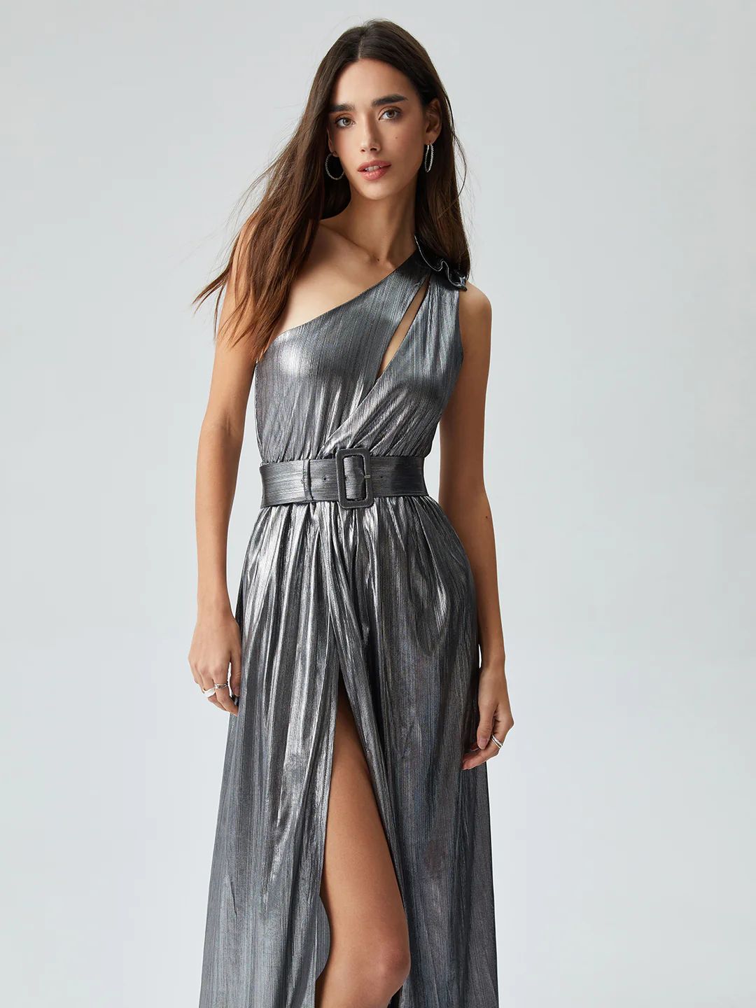 Silver Asymmetric Off Shoulder Pleated Slit Midi Dress