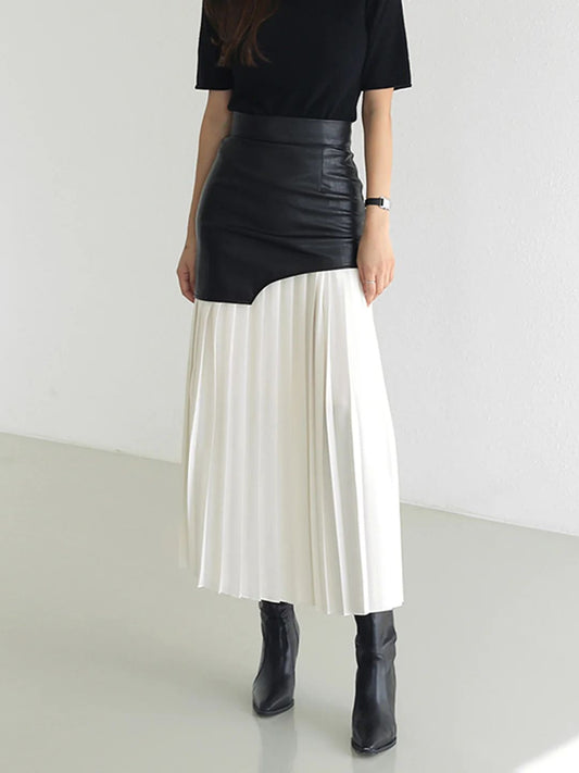 Asymmetric Faux Leather Chiffon Pleated Midi Skirt